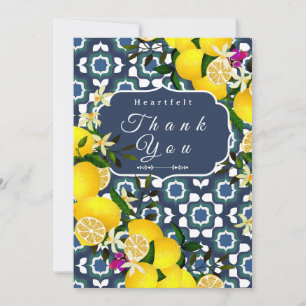 Lemon Mediterranean Tiles Navy Blue White Thank You Card