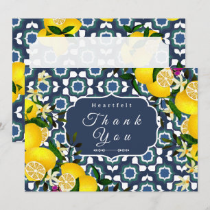 Lemon Mediterranean Tiles Navy Blue White Thank You Card