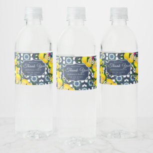 Lemon Mediterranean Tiles  Navy Blue White Water Bottle Label