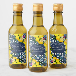 Lemon Mediterranean Tiles  Navy Blue White Wine Label