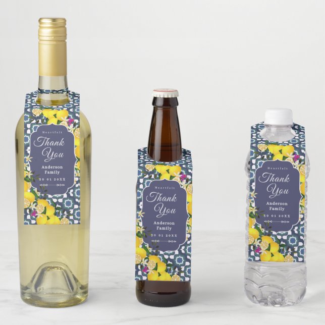 Lemon Mediterranean Tiles Navy Bottle Tag (In Situ)