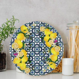 Lemon Mediterranean Tiles Navy Cutting Board