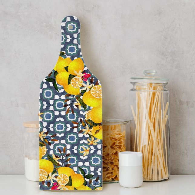 Lemon Mediterranean Tiles Navy Cutting Board (Creator Uploaded)