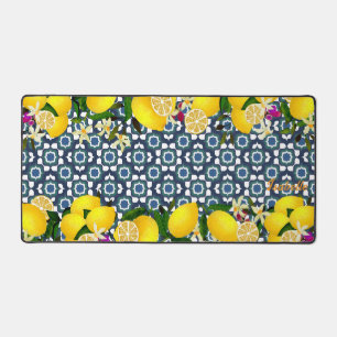 Lemon Mediterranean Tiles Navy Desk Mat