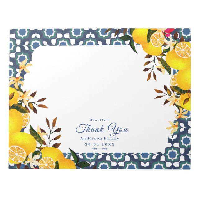 Lemon Mediterranean Tiles Navy Notepad (Front)