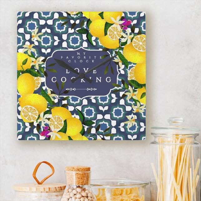 Lemon Mediterranean Tiles Navy Square Wall Clock (Lemon Mediterranean Tiles Navy Square Wall Clock)