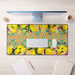 Lemon Mediterranean Tiles Orange Desk Mat