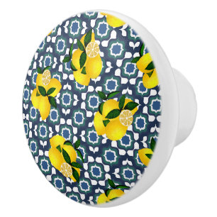 Lemon Mediterranean Tiling Navy Blue White Ceramic Knob