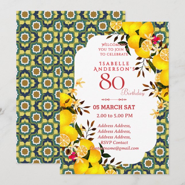Lemon Mediterranean Yellow Blue 80th invitation (Front/Back)