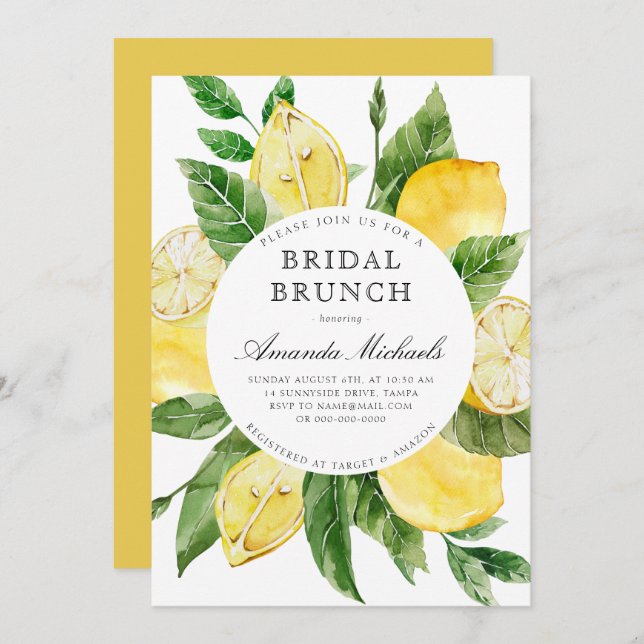 Lemon Mediterranean Yellow Bridal Brunch Shower Invitation (Front/Back)