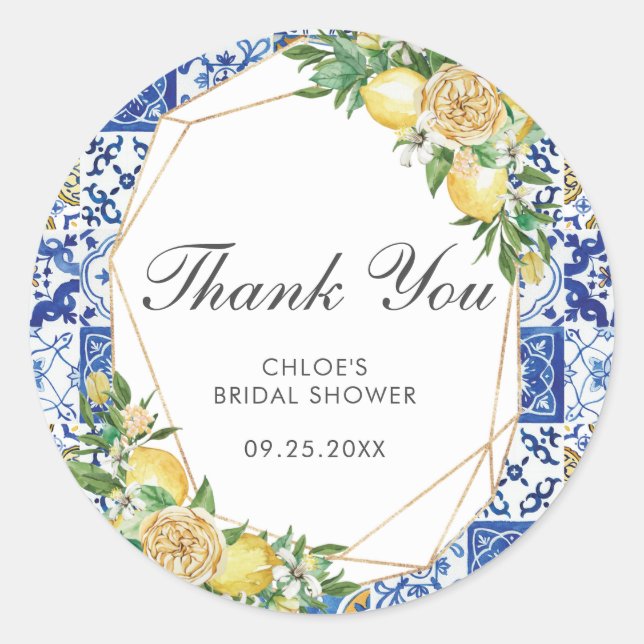 Lemon Meditteranean Birthday Bridal Baby Shower Classic Round Sticker (Front)