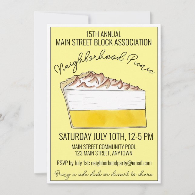 Lemon Meringue Pie Slice Picnic Cookout Potluck Invitation (Front)