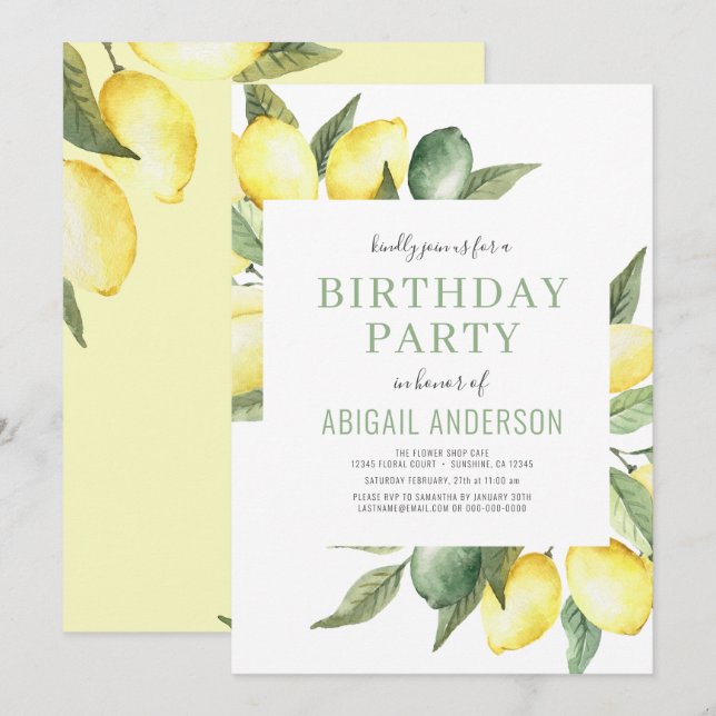 Lemon Modern Citrus Any Age Birthday Party Invitation (Front/Back)