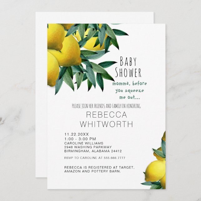 Lemon Momma Before You Squeeze Me Out Baby Shower Invitation (Front/Back)