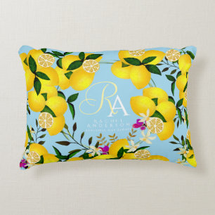 Lemon Monogram Blue Decorative Cushion
