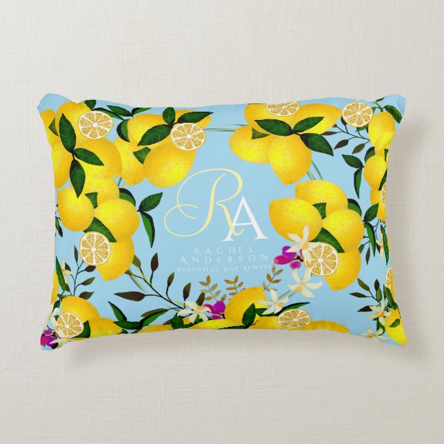 Lemon Monogram Blue Decorative Cushion (Front)