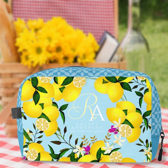 Lemon Monogram Blue Dopp Kit (Lemon Monogram Blue Cosmetics Bag. )