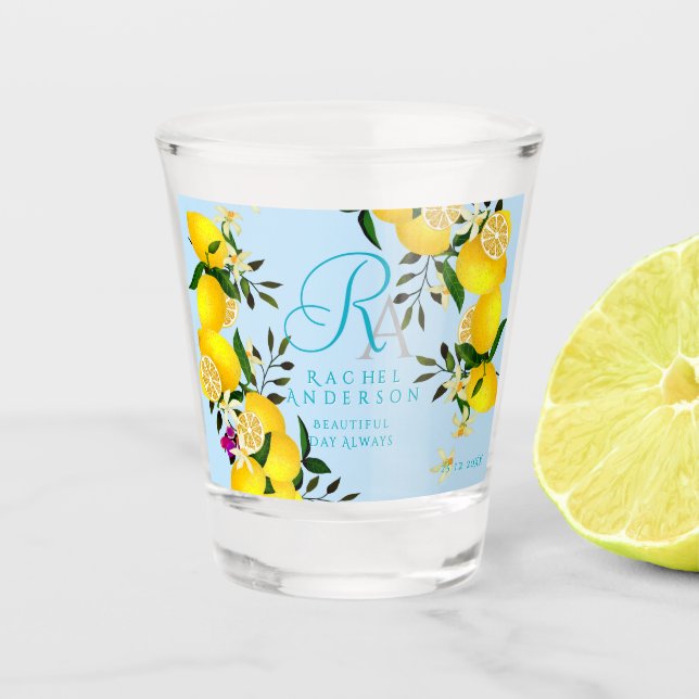 Lemon Monogram Blue Shot Glass (Front)
