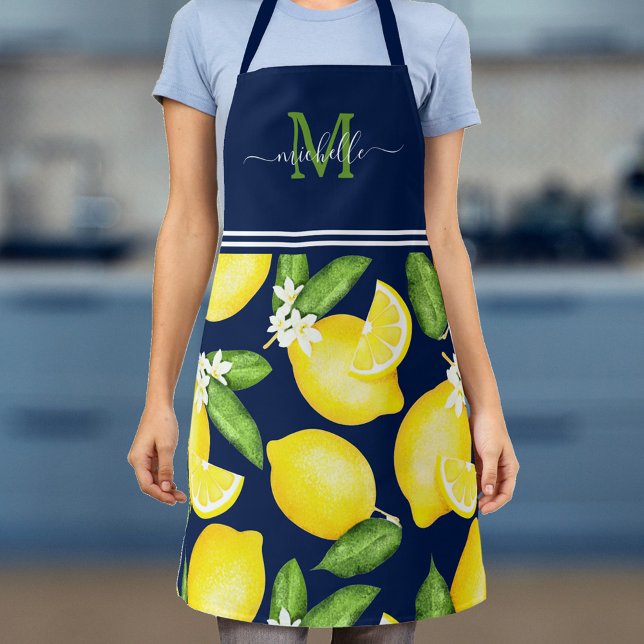 Lemon Monogram Botanical Navy Blue Apron (Creator Uploaded)