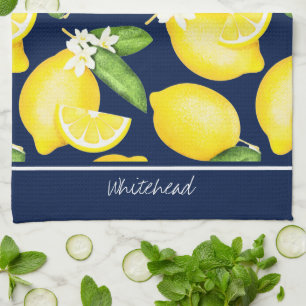 Lemon Monogram Botanical Pattern Navy Blue Tea Towel