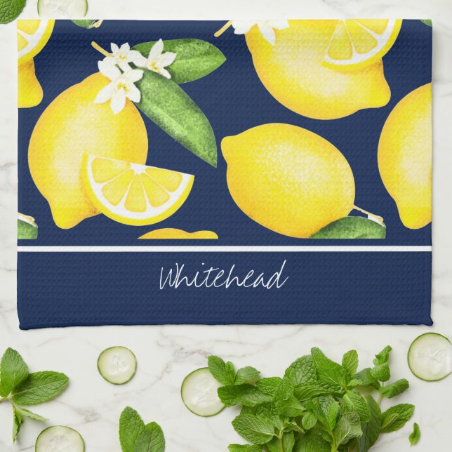 Lemon Monogram Botanical Pattern Navy Blue Tea Towel (Folded)