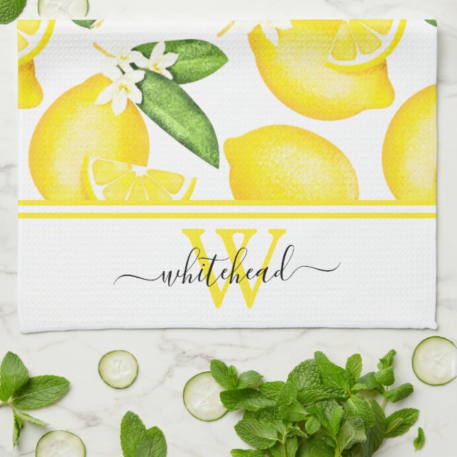 Lemon Monogram Botanical White  Tea Towel (Folded)