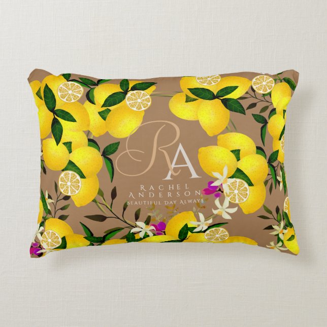 Lemon Monogram Brown Decorative Cushion (Front)