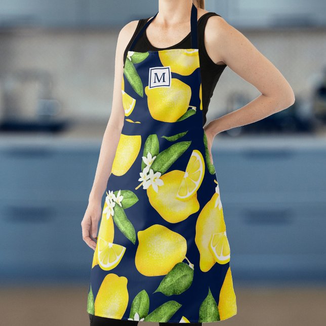 Lemon Monogram Citrus Navy Blue Apron (Creator Uploaded)