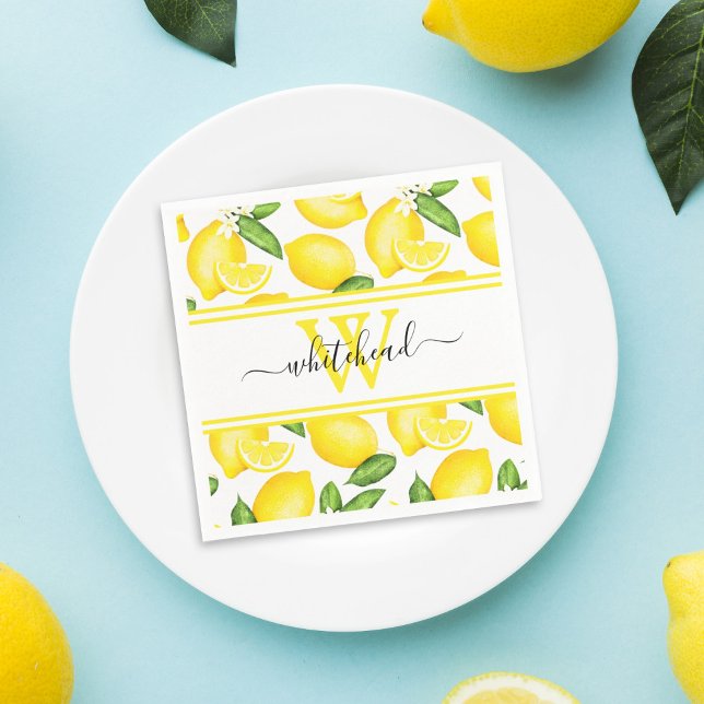 Lemon Monogram Citrus Pattern Napkin (Creator Uploaded)