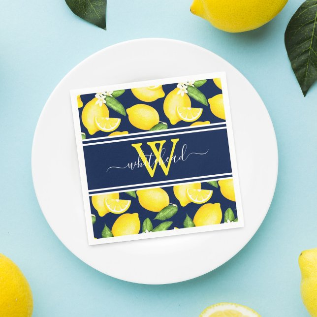 Lemon Monogram Citrus Pattern Navy Blue Napkin (Creator Uploaded)