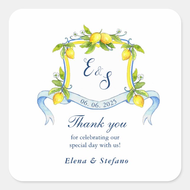 Lemon monogram Crest wedding Thank you  stickers (Front)