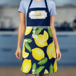 Lemon Monogram Initial Citrus Navy Blue Apron<br><div class="desc">This monogram apron features a watercolor lemon pattern with yellow frame at the top where your initial and name can be added.</div>