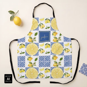 Lemon Monogram Name French Country Tile Pattern Apron