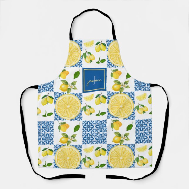 Lemon Monogram Name French Country Tile Pattern Apron (Front)