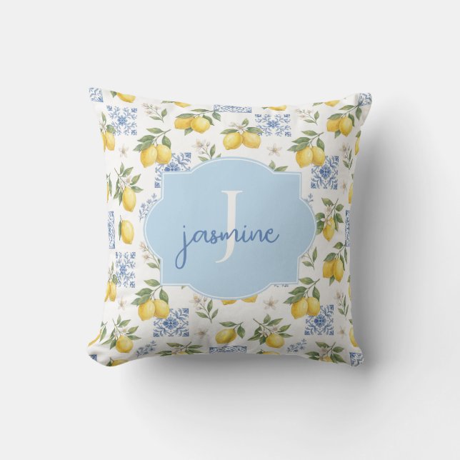 Lemon Monogram Name French Country Tile Pattern Cushion (Front)