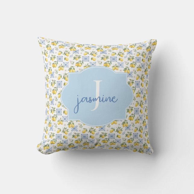 Lemon Monogram Name French Country Tile Pattern Cushion (Front)