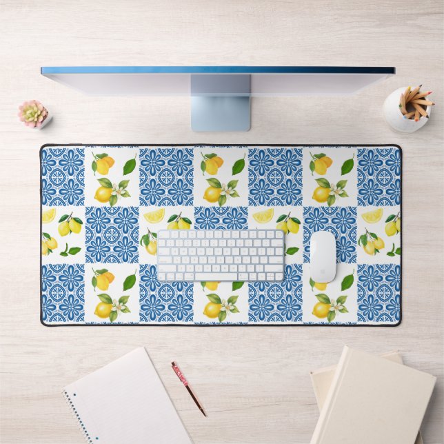 Lemon Monogram Name French Country Tile Pattern Desk Mat (Office 1)