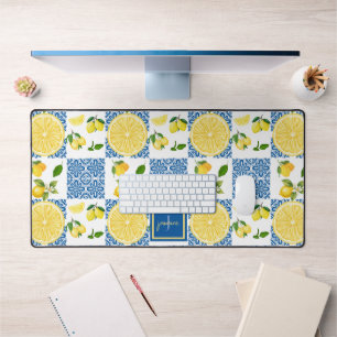 Lemon Monogram Name French Country Tile Pattern Desk Mat