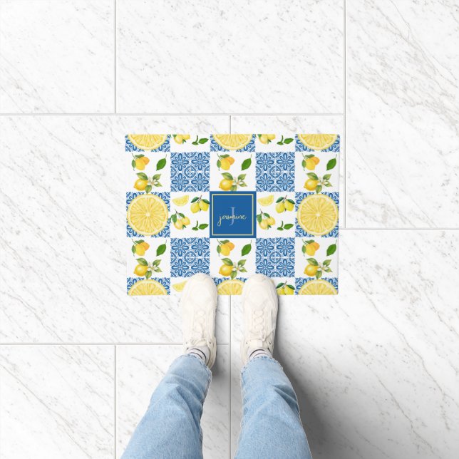 Lemon Monogram Name French Country Tile Pattern Doormat (Indoor)