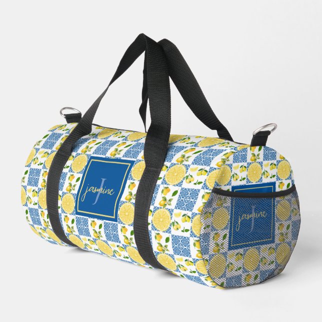 Lemon Monogram Name French Country Tile Pattern Duffle Bag (Right Corner)