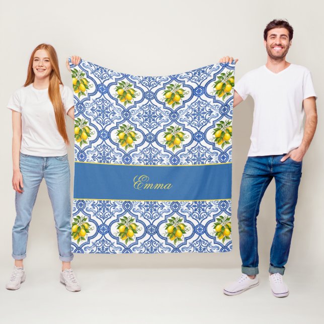 Lemon Monogram Name French Country Tile Pattern Fleece Blanket (In Situ)