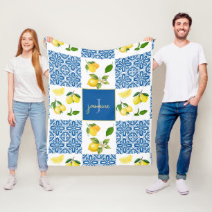 Lemon Monogram Name French Country Tile Pattern Fleece Blanket