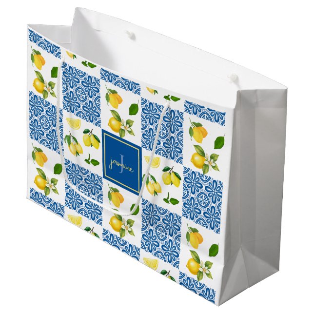 Lemon Monogram Name French Country Tile Pattern Large Gift Bag (Front Angled)