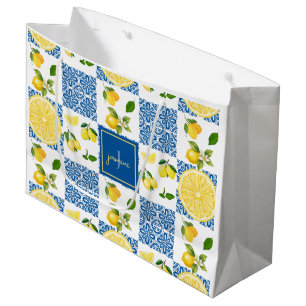 Lemon Monogram Name French Country Tile Pattern Large Gift Bag