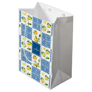 Lemon Monogram Name French Country Tile Pattern Medium Gift Bag