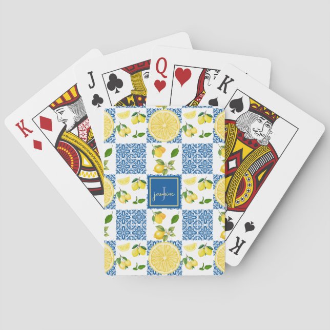 Lemon Monogram Name French Country Tile Pattern Playing Cards (Back)