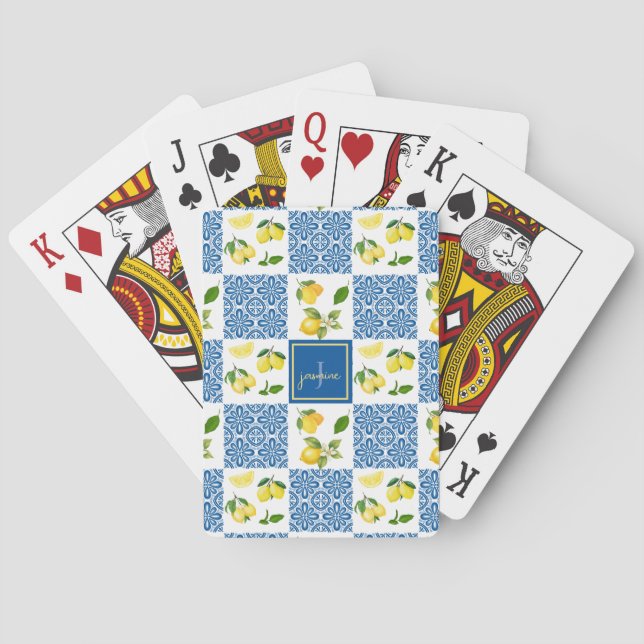Lemon Monogram Name French Country Tile Pattern Playing Cards (Back)