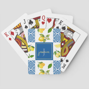Lemon Monogram Name French Country Tile Pattern Playing Cards