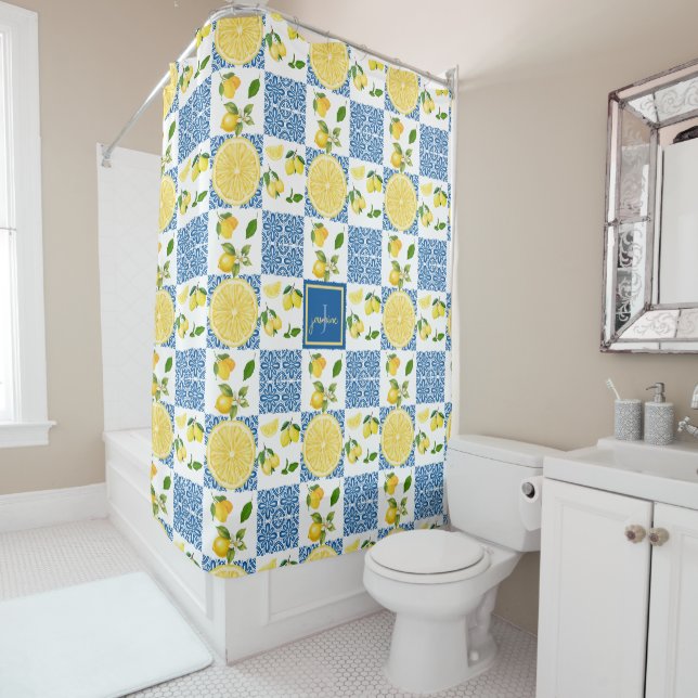 Lemon Monogram Name French Country Tile Pattern Shower Curtain (In Situ)