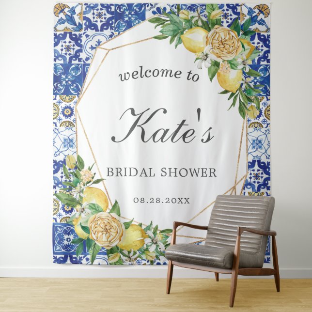 Lemon Mosaic Tiles Bridal Shower Welcome Backdrop Tapestry (In Situ)